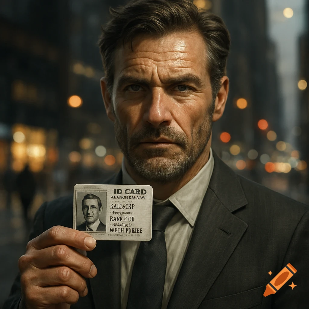 Photorealistic portrait of a stern man in a dark suit holding an ID card in an urban setting.