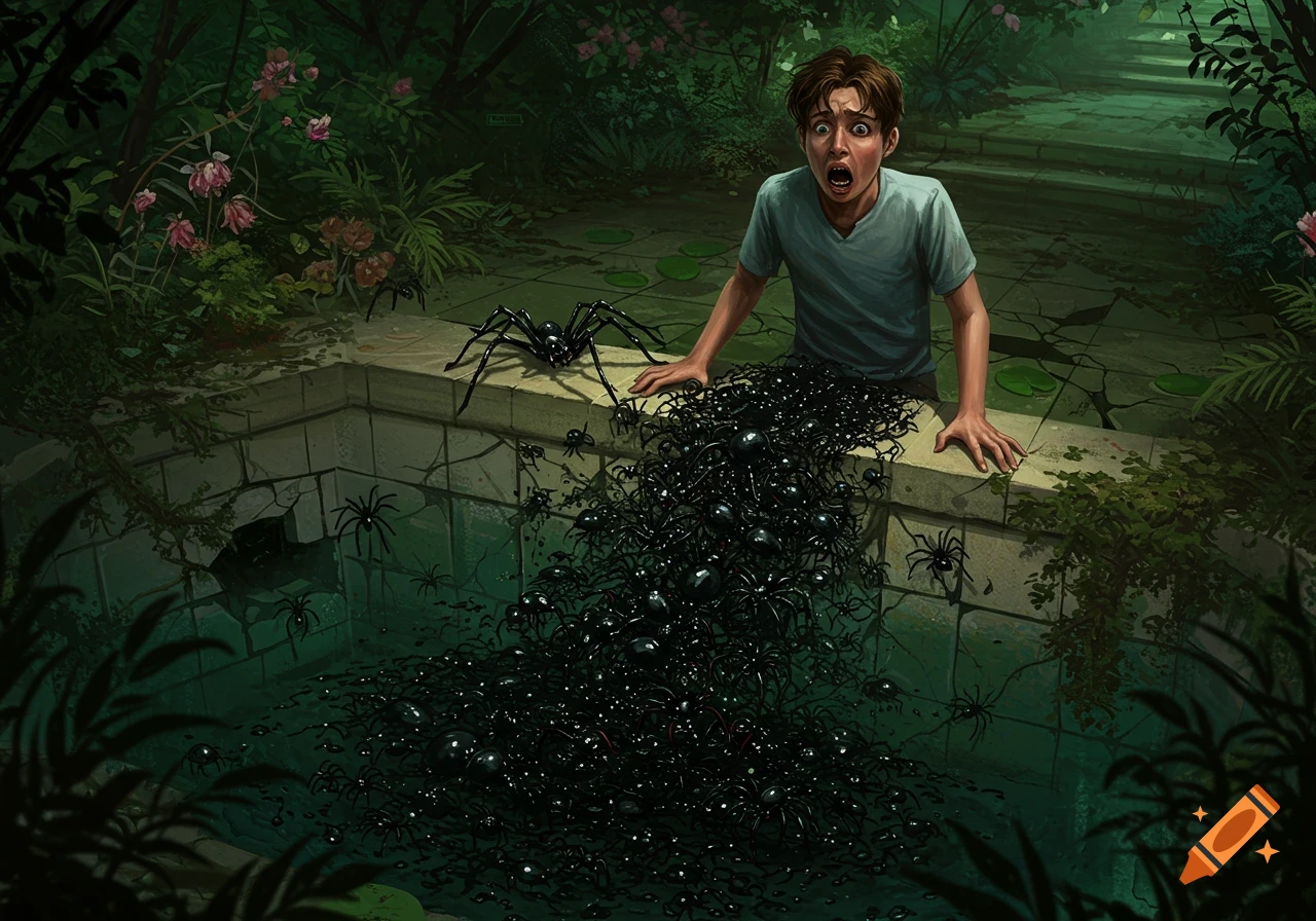 A terrified boy screams, looking down at a huge swarm of black spiders emerging from an overgrown pool in a dark, lush garden.