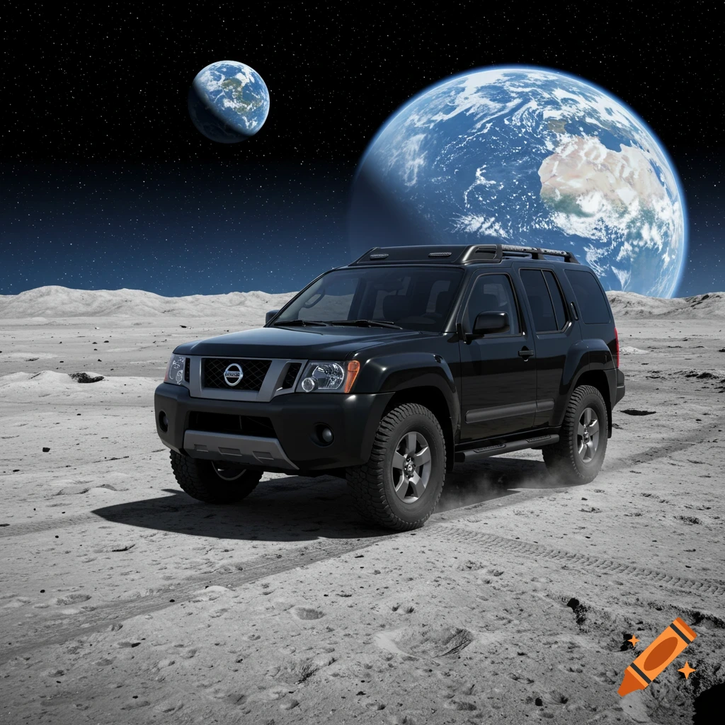 A black Nissan Xterra SUV parked on the moon's surface under a starry sky with Earth visible.
