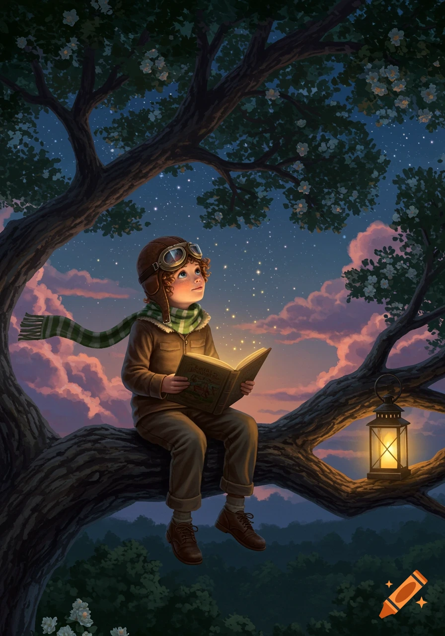 Whimsical illustration of a boy in an aviator hat and scarf, sitting in a tree at twilight, reading a glowing book under a starry sky.