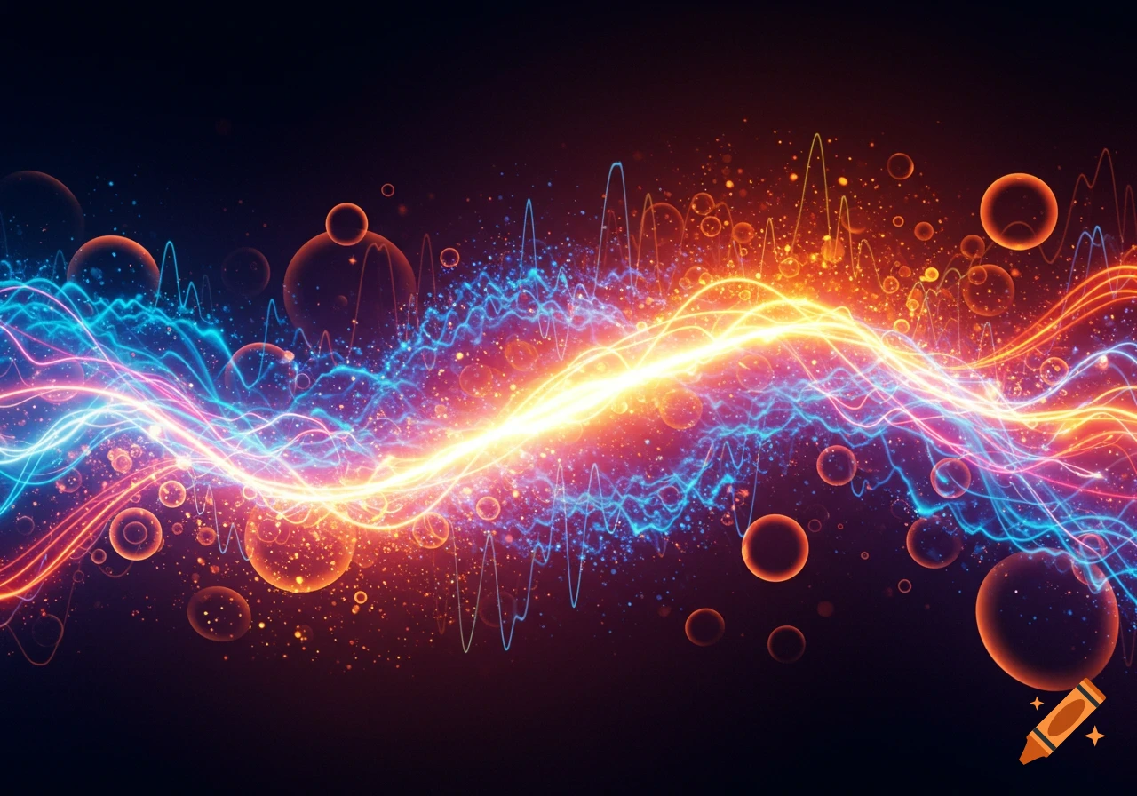 Bright yellow-orange energy wave with blue and red electric lines, glowing particles, and bubbles against a dark abstract background.