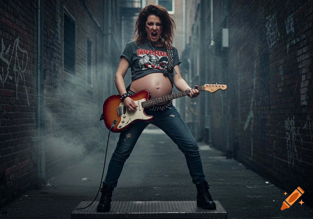 A heavily pregnant woman in punk attire, with a bare belly, plays an electric guitar in a smoky alley with an angry expression.