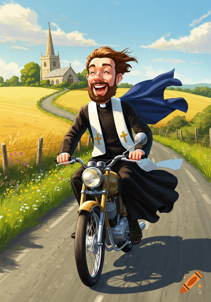 Cartoon of a happy bearded vicar riding a motorbike on a country road with a church in the background.