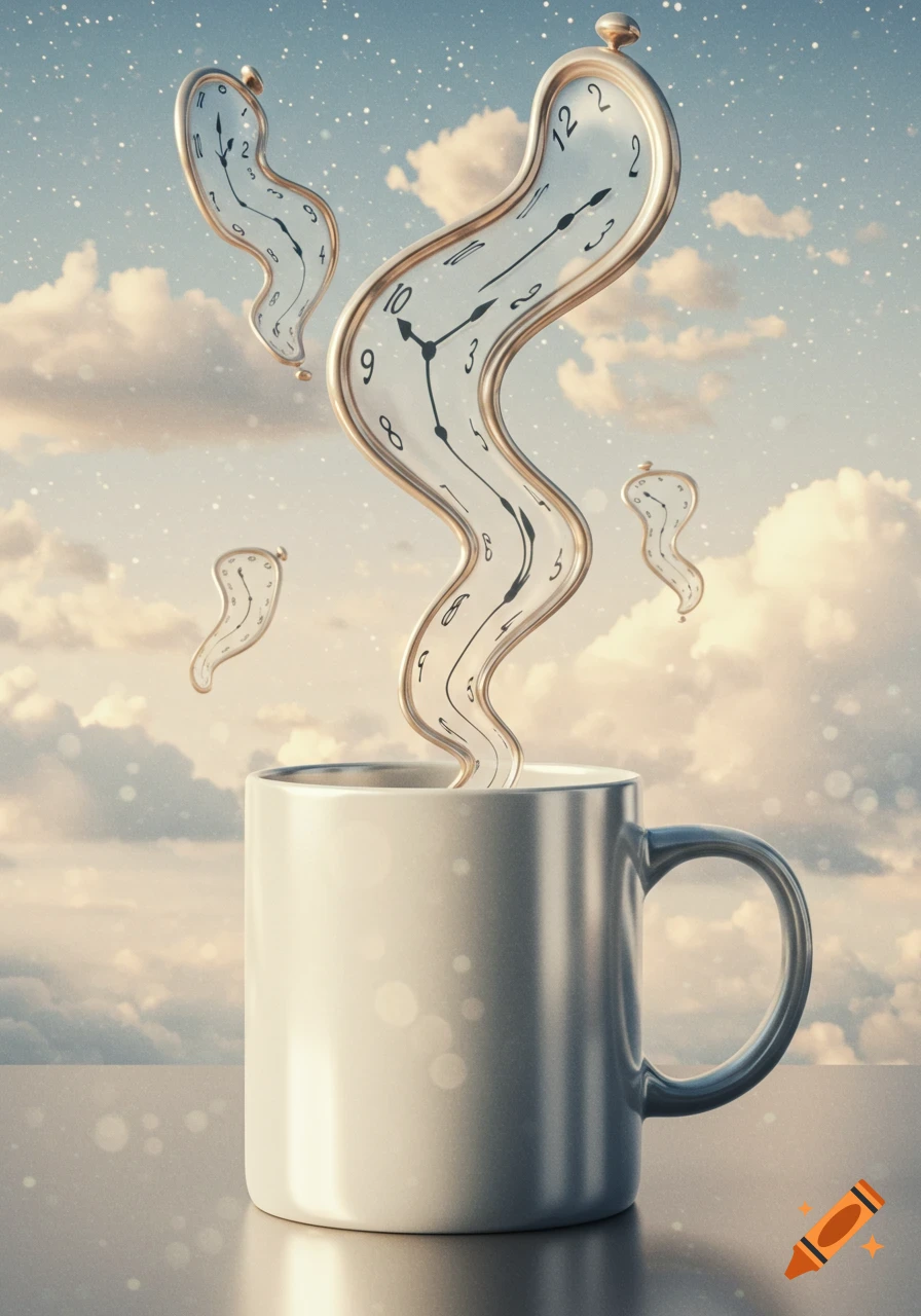A surreal image of melting clocks rising like steam from a white coffee mug, set against a cloudy, starry sky.