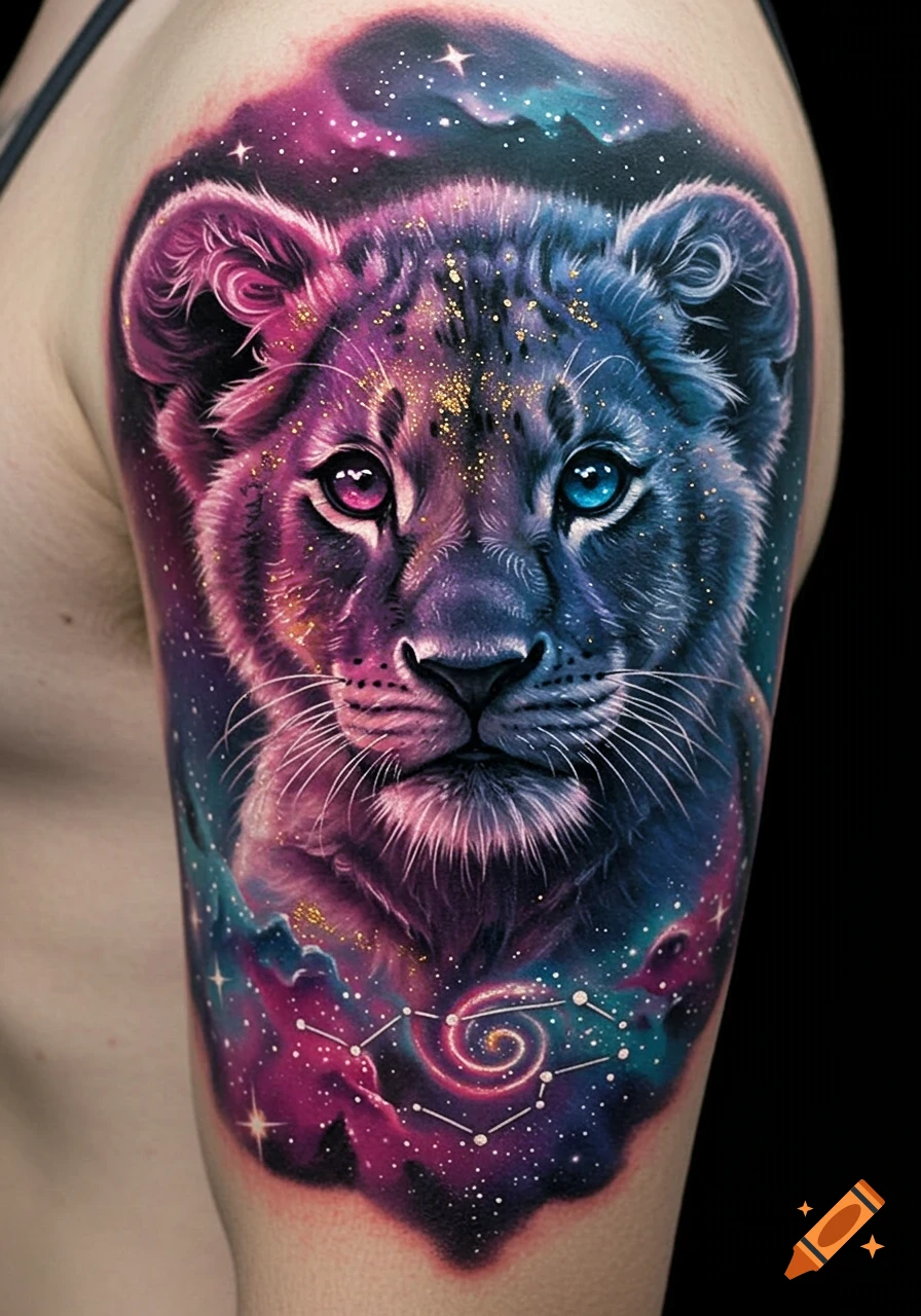 A vibrant cosmic lion cub tattoo on an arm, featuring nebula-like colors, stars, and constellations.