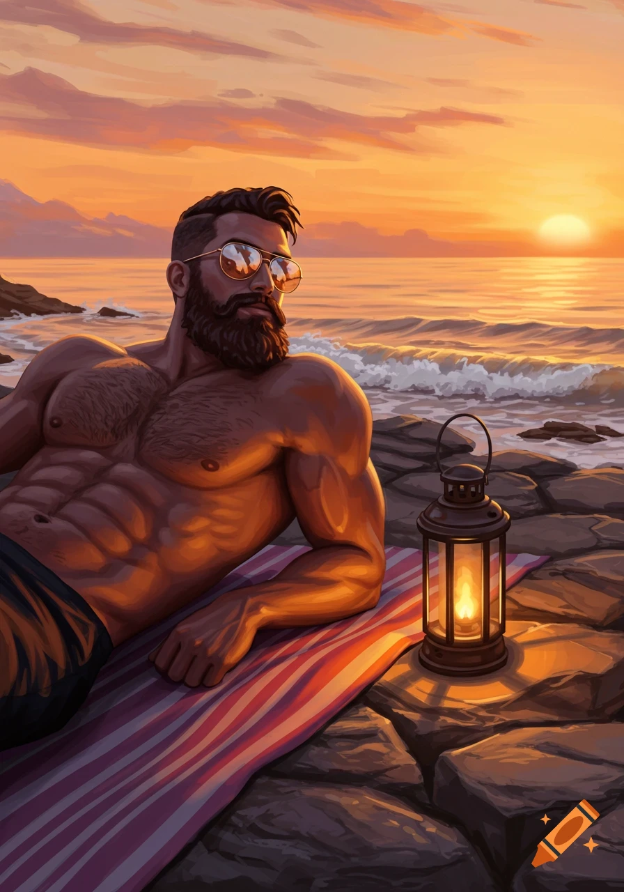 Muscular bearded man with sunglasses lounging on a striped blanket by a rocky beach at sunset, with a lit lantern, digital art.
