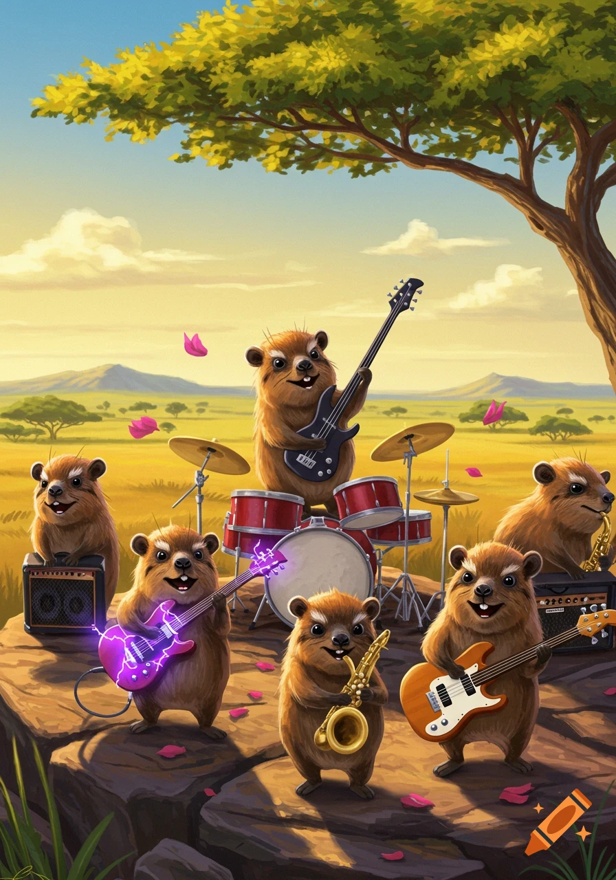 Six happy cartoon hyraxes form a rock band, playing electric guitars, drums, and saxophone in a vibrant savanna under a tree.