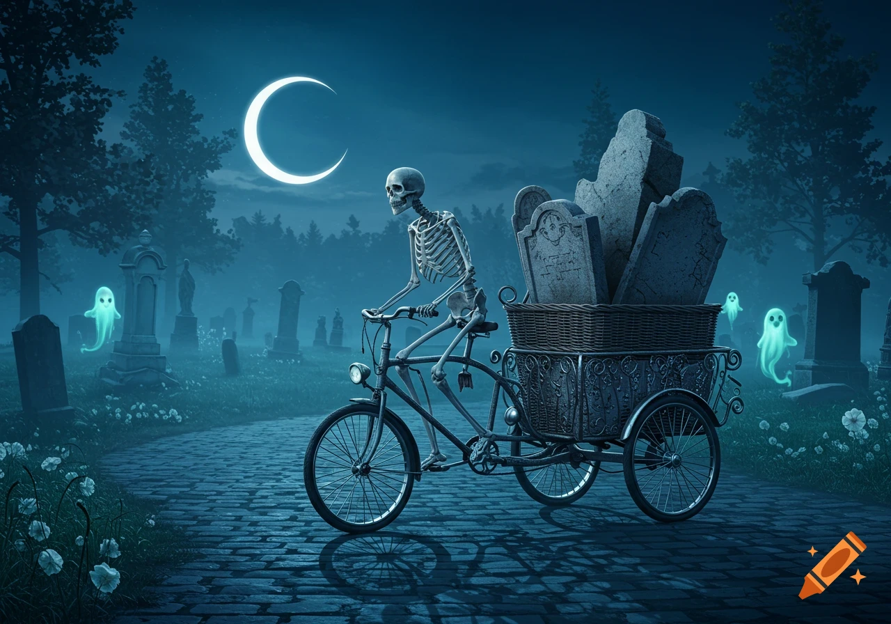 Skeleton on a three-wheeled bike carrying gravestones through a misty cemetery with glowing ghosts under a crescent moon.