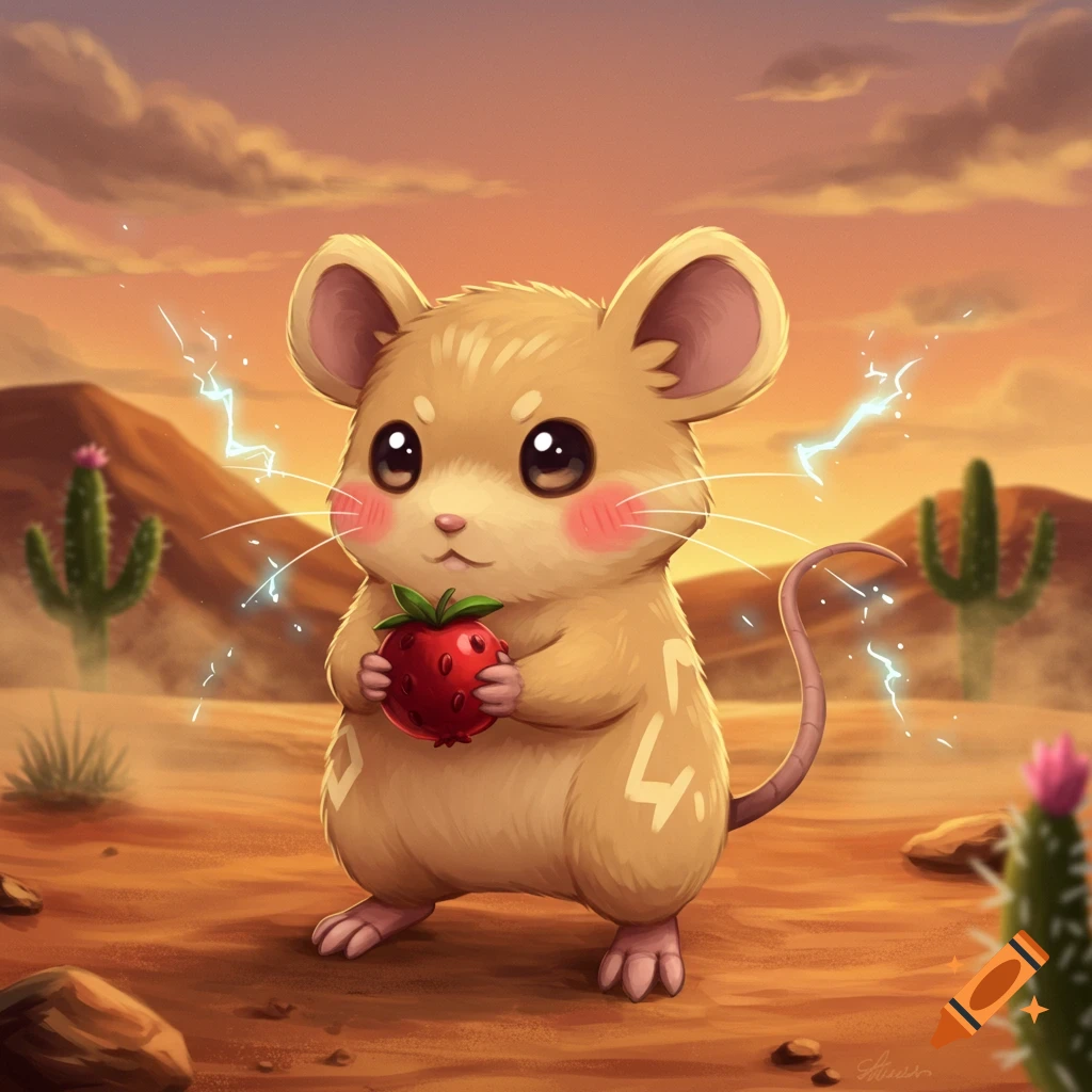 A cute, cartoon-style electric rodent Pokémon resembling a jerboa, holding a red strawberry in a desert landscape at sunset.