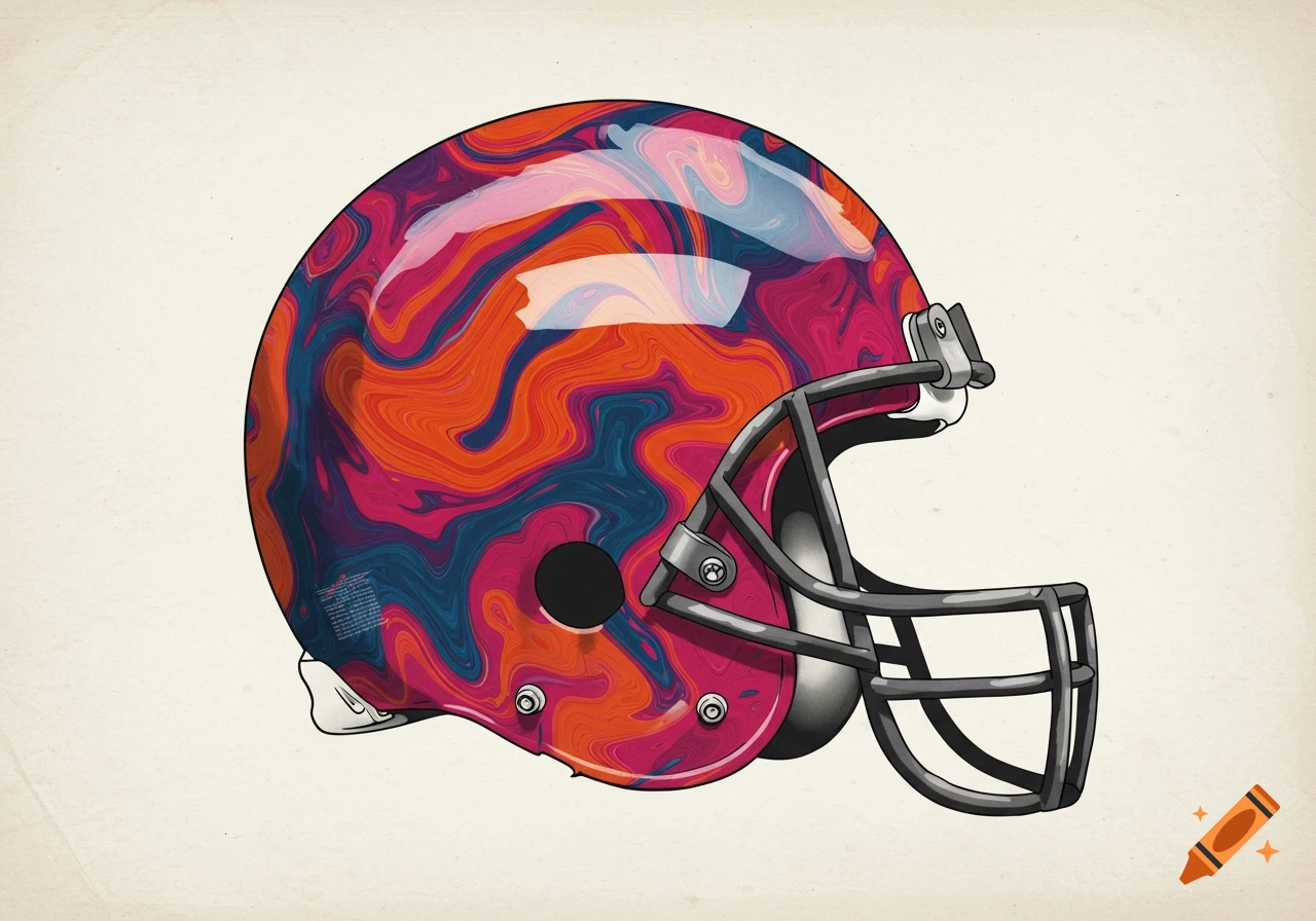 A football helmet with a vibrant, swirling psychedelic design in orange, pink, and blue, viewed from the side.