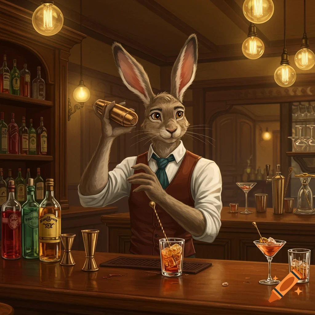 A stylized image of a hare humanoid bartender in a white shirt and rust-colored vest, mixing a drink with a shaker in a dimly lit bar.