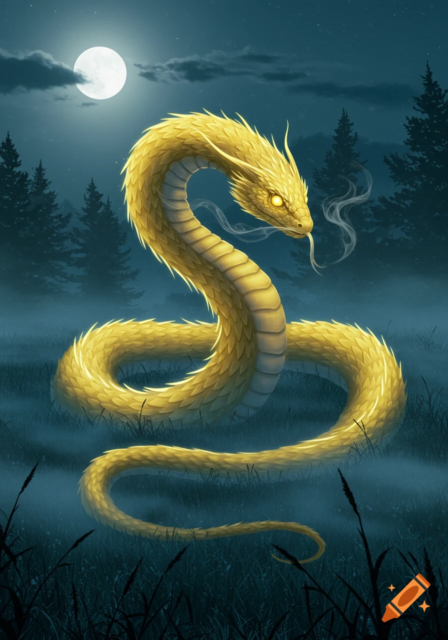 A golden, scaly mythical serpent coils in a misty, moonlit forest at night, with glowing eyes.