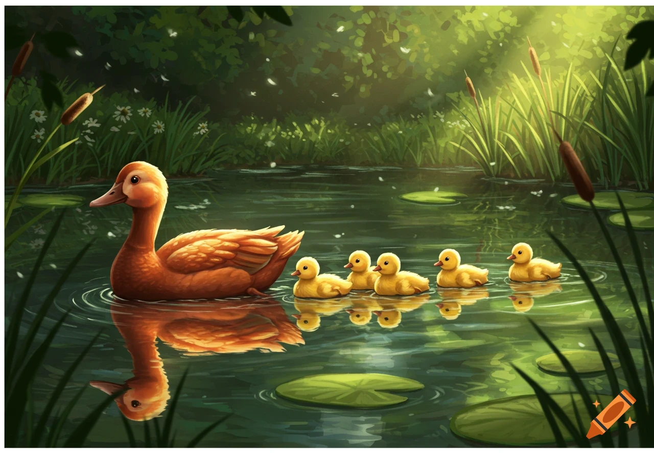 An illustration of a mother duck and her ducklings swimming in a serene pond with green foliage and lily pads.