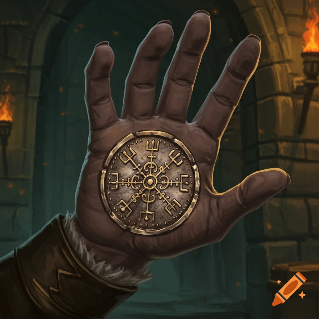 A dark-skinned hand holds a round, ornate gold and silver dwarven emblem, depicting intricate runic symbols, against a dark fantasy dungeon background with torchlight.