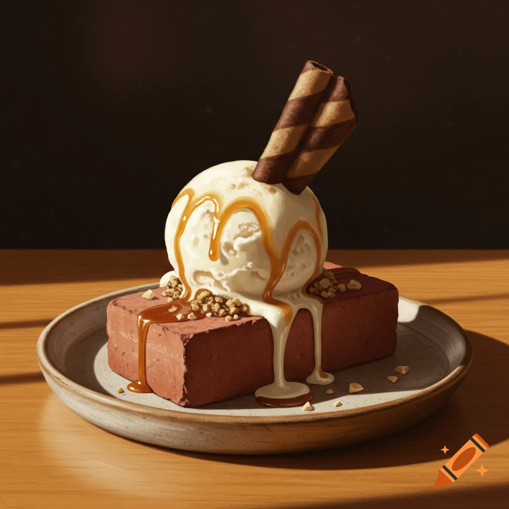 A scoop of vanilla ice cream with caramel drizzle and nuts on a red brick, with a chocolate wafer, on a plate.