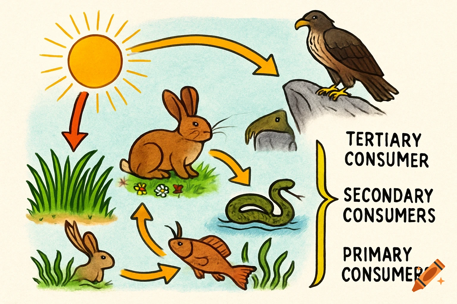 Hand-drawn educational diagram of a food web, with the sun, grass, rabbits, fish, snakes, and an eagle, showing trophic levels.