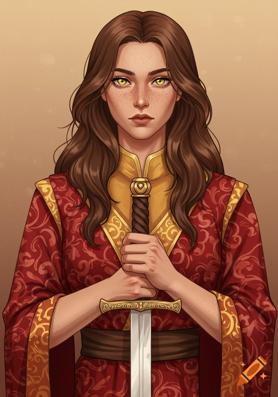 A simple art style portrait of a serious young woman with brown hair, yellow eyes, and freckles, wearing red and gold robes and holding a longsword.
