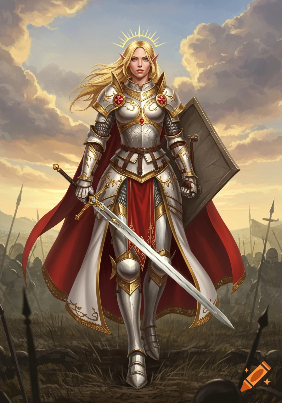 A beautiful blonde high elf female paladin in detailed red and white full plate armor with a longsword and shield, on a battlefield.
