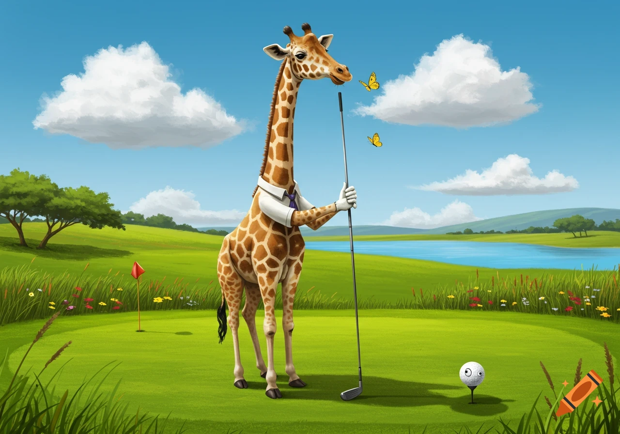 A cartoon giraffe in a shirt and tie holds a golf club on a green course, with a golf ball showing a surprised face. Butterflies flutter nearby under a blue sky.