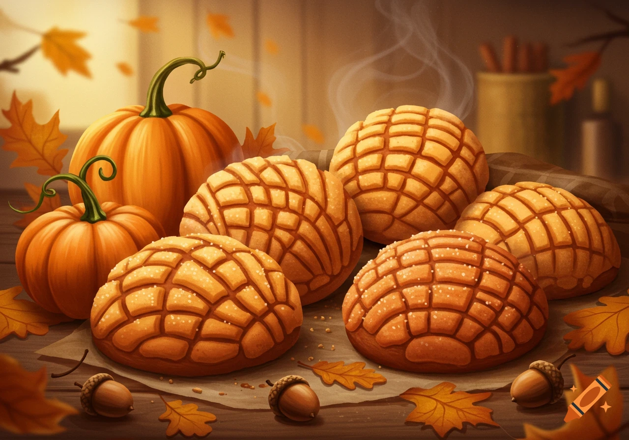 Cozy illustration of warm conchas bread with pumpkins, fall leaves, and acorns on a wooden table.