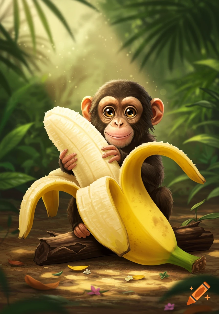 A cute, cartoon baby chimpanzee sits in a lush jungle, happily holding a large, half-peeled banana.