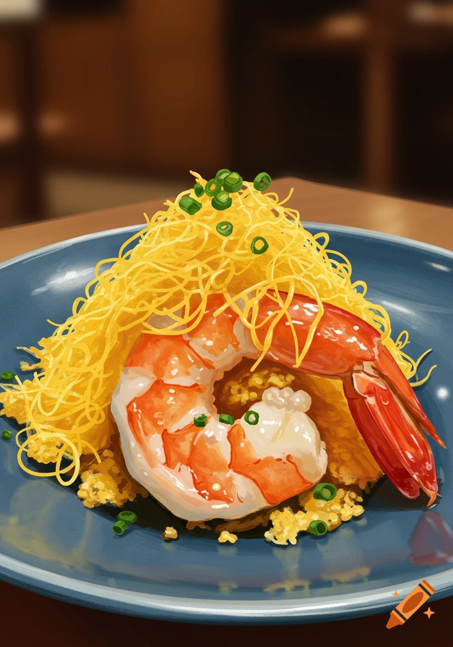 A vibrant illustration of a large shrimp with a mound of golden egg floss on a blue plate, with a blurred background.
