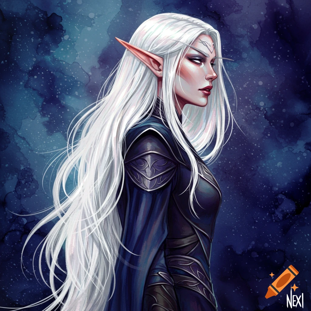A detailed alcohol ink painting of an elven woman with long silver hair, looking to the right against a dark, textured background.