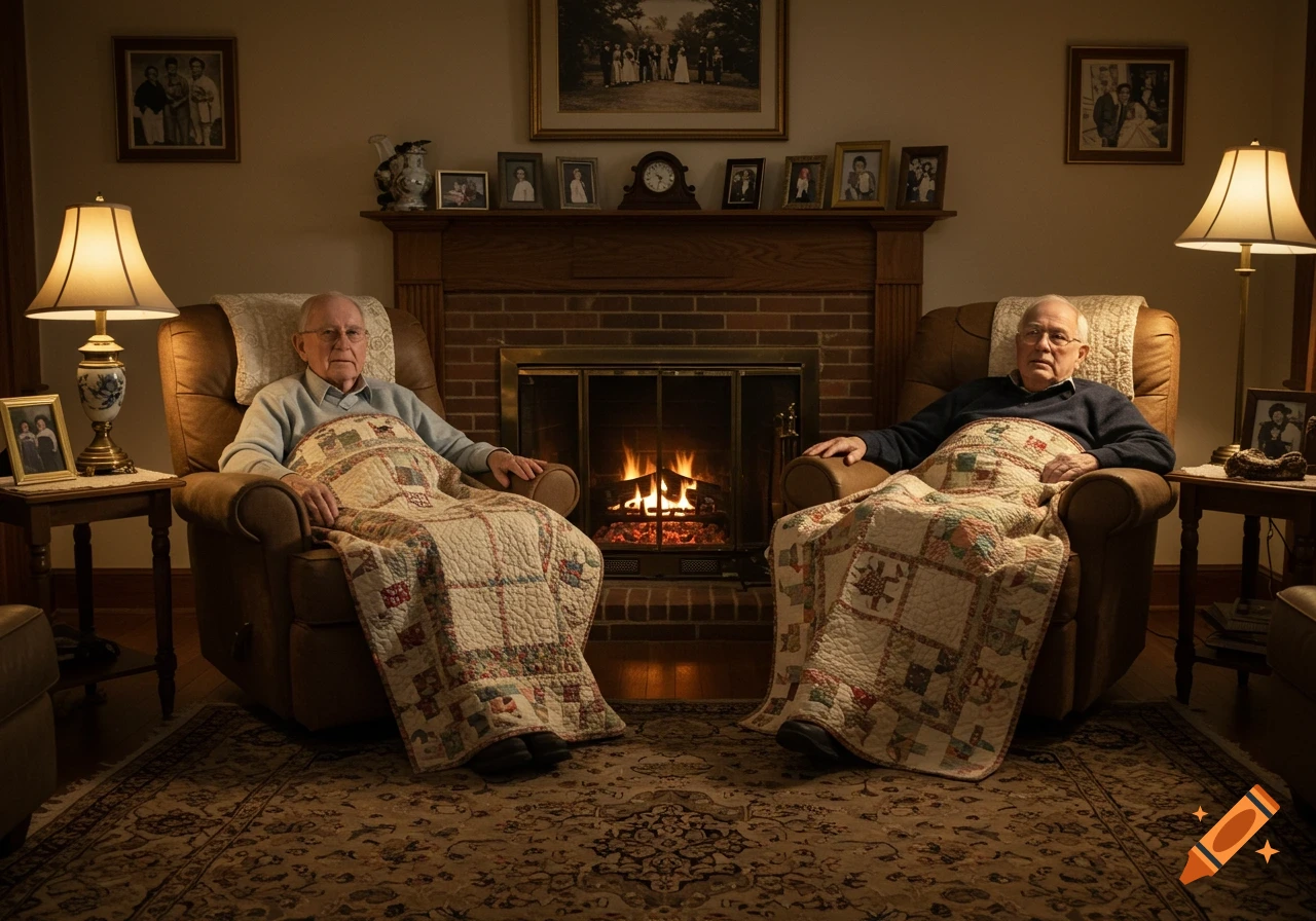 Two elderly men sit in recliners by a lit fireplace, covered in quilts, in a cozy living room, photorealistic.