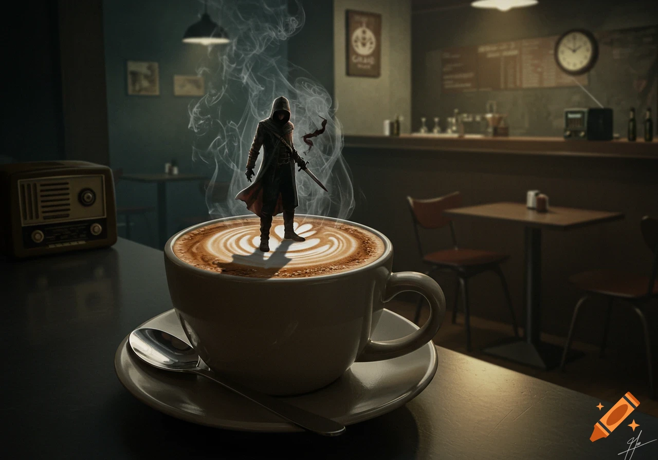 A miniature hooded assassin figure stands in a steaming cup of latte art coffee on a table in a dimly lit cafe, photorealistic style.