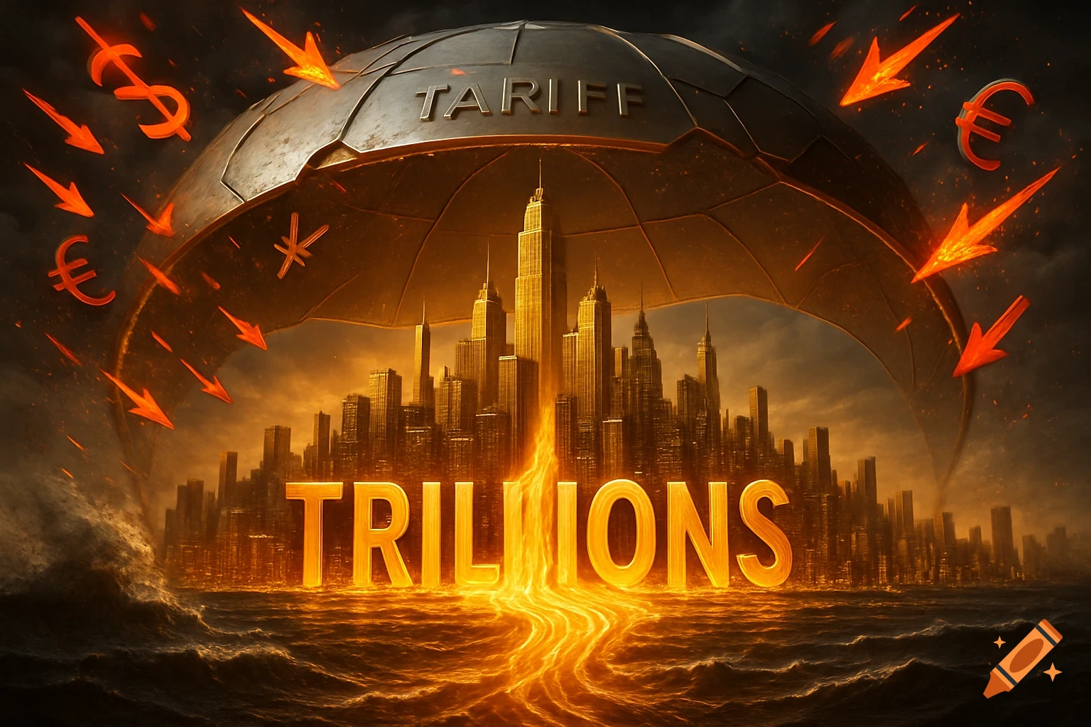 Futuristic city skyline under a 'TARIFF' shield, deflecting currency symbols. 'TRILLIONS' in molten gold flows below.