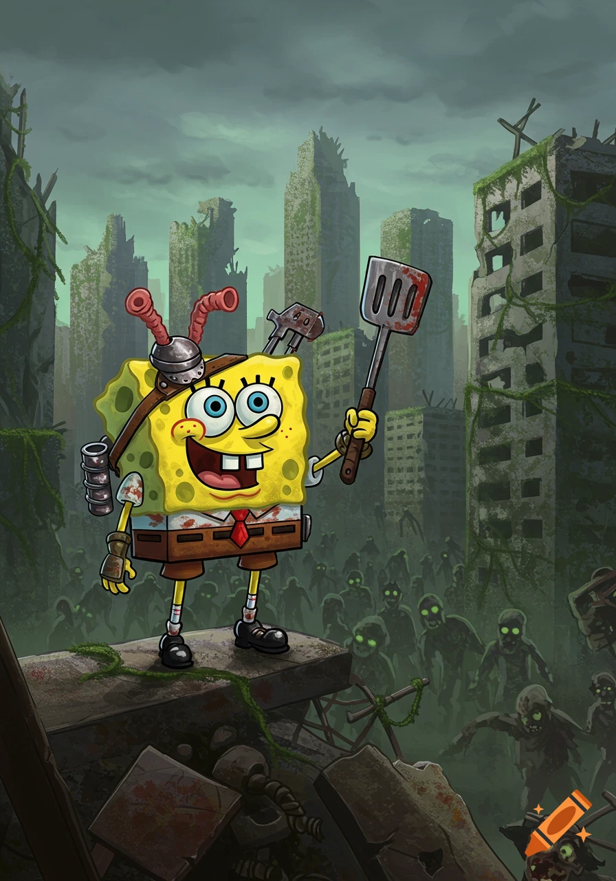 Cartoon Spongebob, in post-apocalyptic gear with a bloody spatula, stands on rubble overlooking a zombie-filled ruined city.