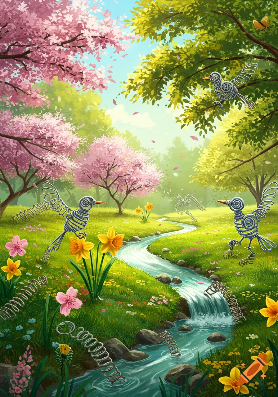 A vibrant spring landscape illustration with a winding stream, pink cherry blossoms, yellow daffodils, and whimsical wire-frame birds.