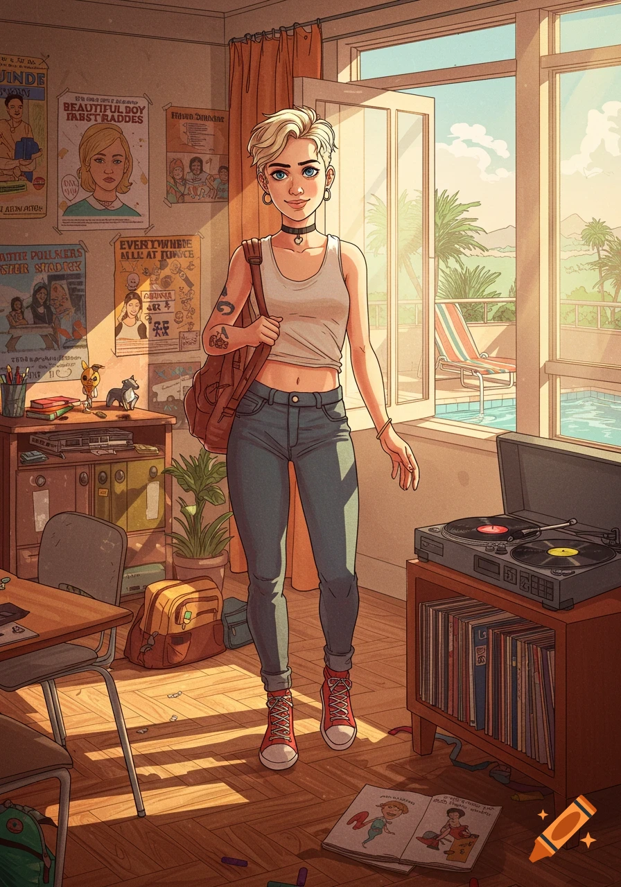 A young woman with short blonde hair and a pixie cut, wearing a white tank top and jeans, stands in a brightly lit room with posters and a record player. Outside is a pool and palm trees.