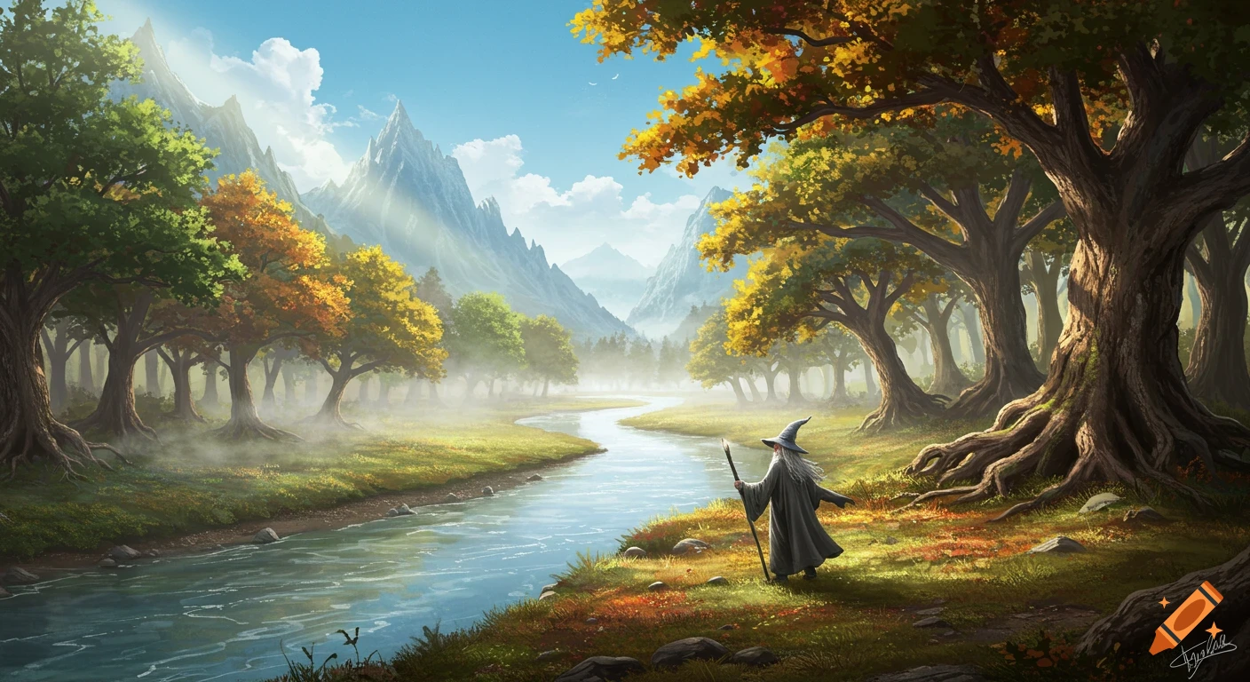 A wizard in a grey robe walks along a winding river through a colorful, misty fantasy forest with tall mountains in the background, digital art.