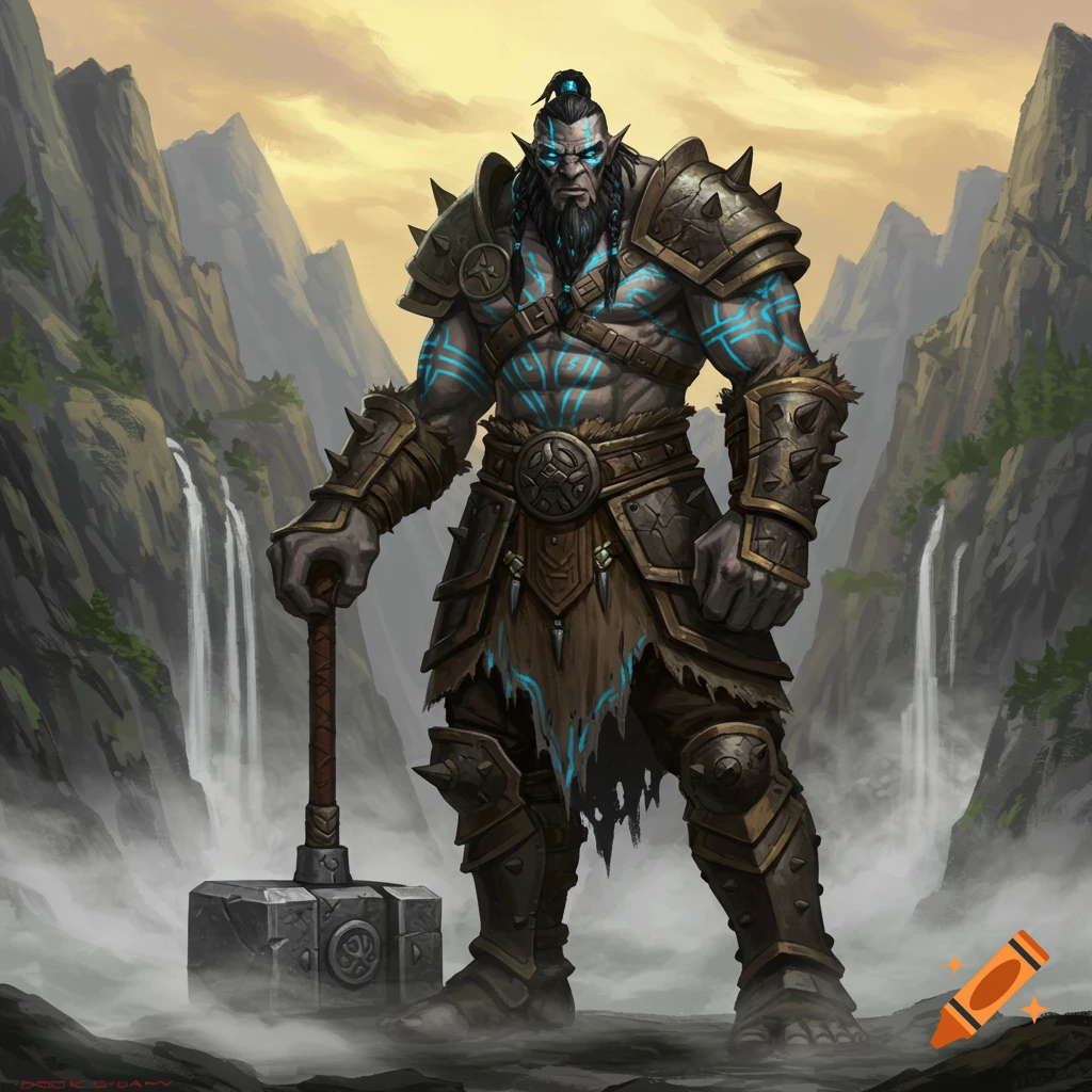 A powerful goliath warrior with blue tribal tattoos stands in a misty mountain valley with waterfalls, holding a large hammer.