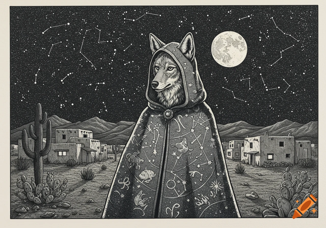 Sketch of a coyote in a hooded, constellation-covered cloak in a desert village under a full moon and starry sky.