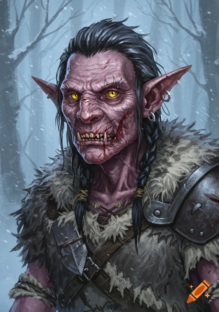 Digital art portrait of a fierce male gnoll with yellow eyes, fangs, scars, blood, fur armor in a snowy forest.