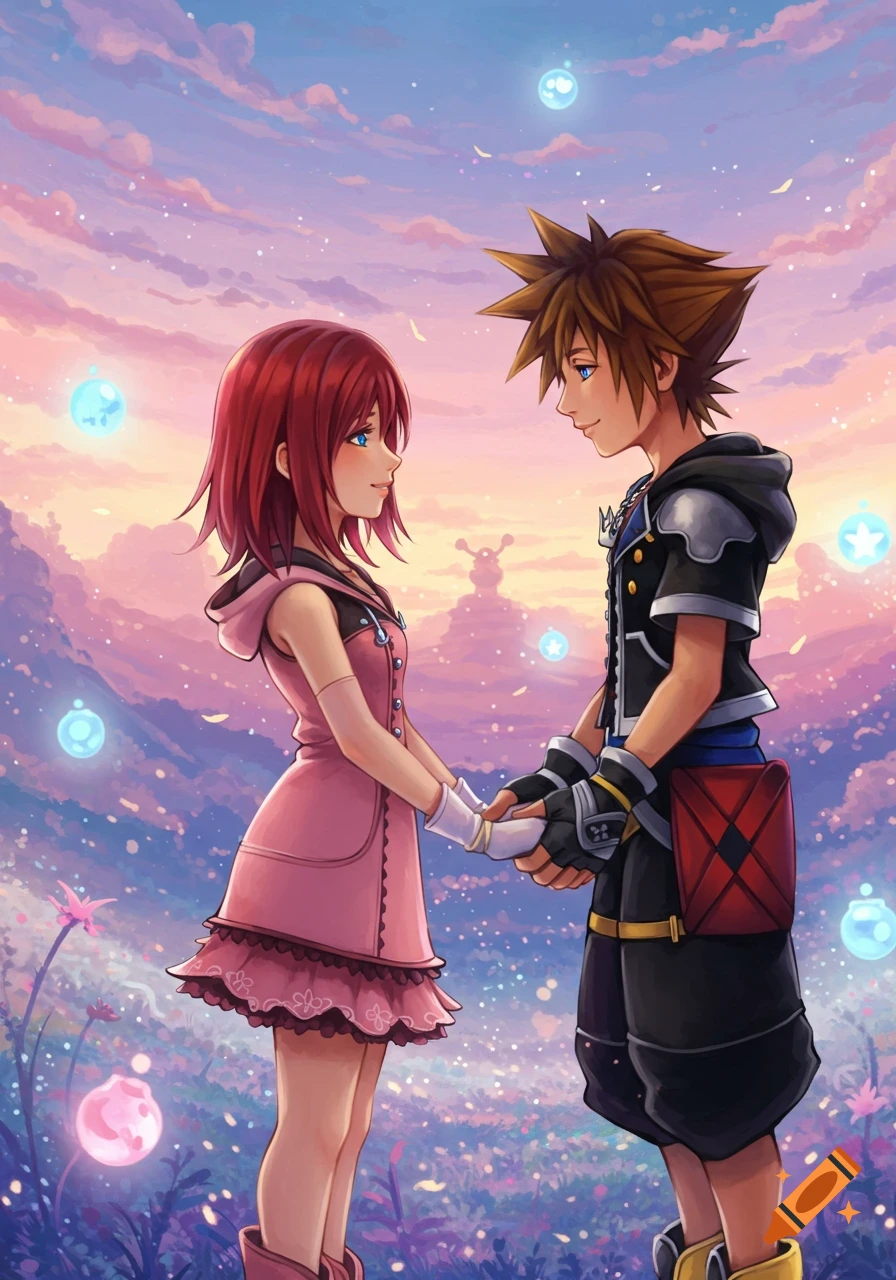 Anime characters Kairi and Sora from Kingdom Hearts holding hands, gazing at each other in a magical sunset landscape.
