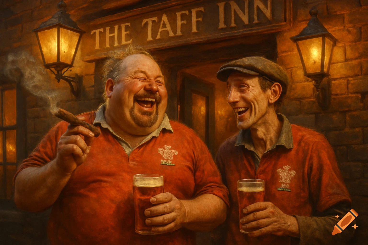 Two laughing men, one smoking a cigar, drink beer outside a pub called 'The Taff Inn' in a painterly style.