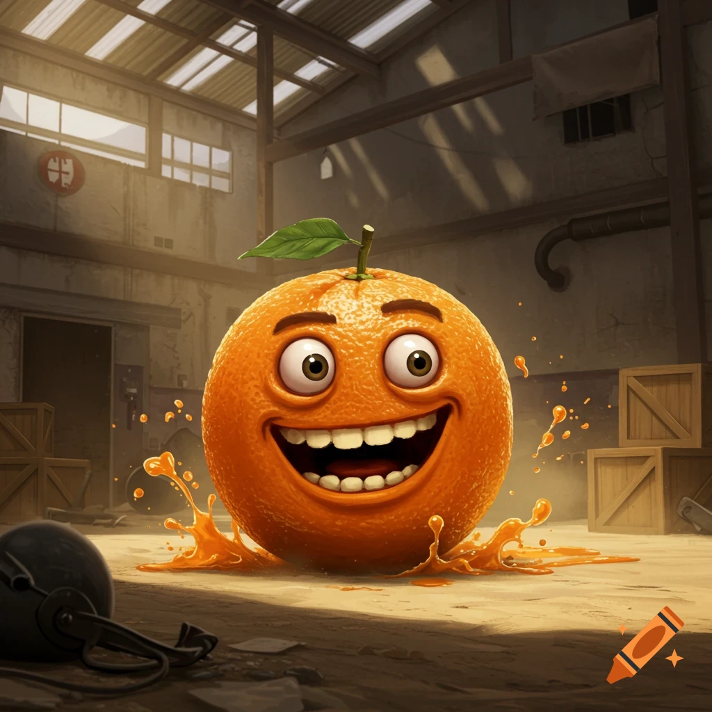 A cheerful, anthropomorphic orange splashes orange juice in a gritty industrial warehouse.