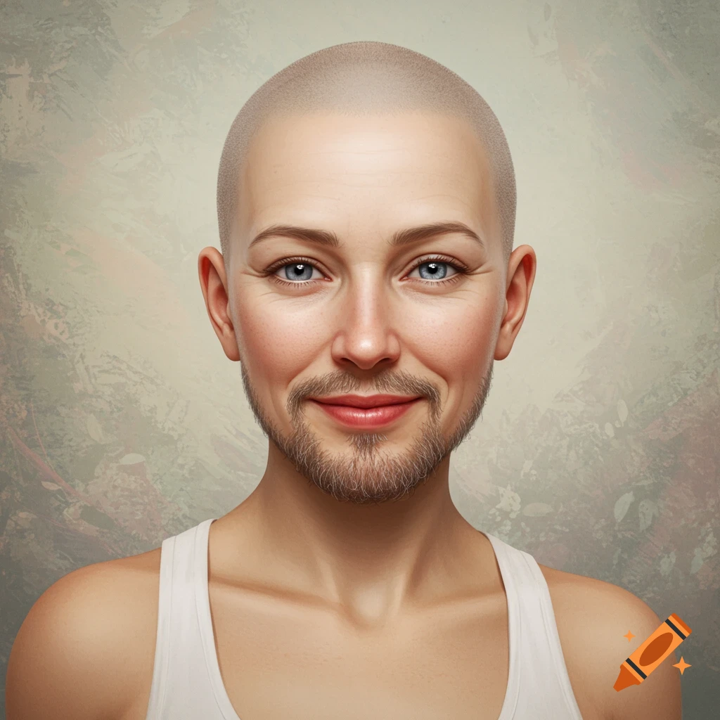 Realistic close-up portrait of a person with a bald head, a beard, and blue eyes, wearing a white tank top.