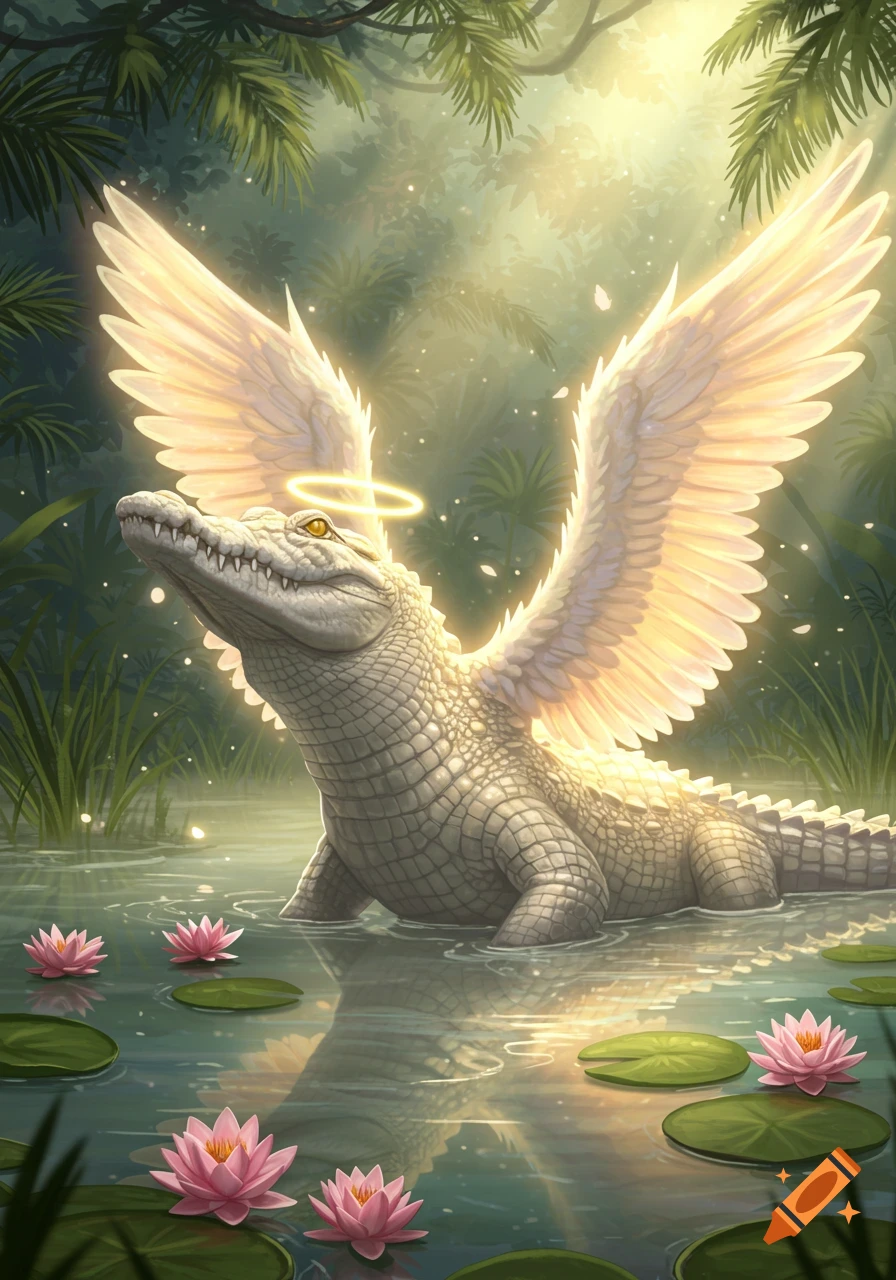 A majestic white angelic crocodile with golden wings and a halo stands in a mystical swamp with pink lily pads.