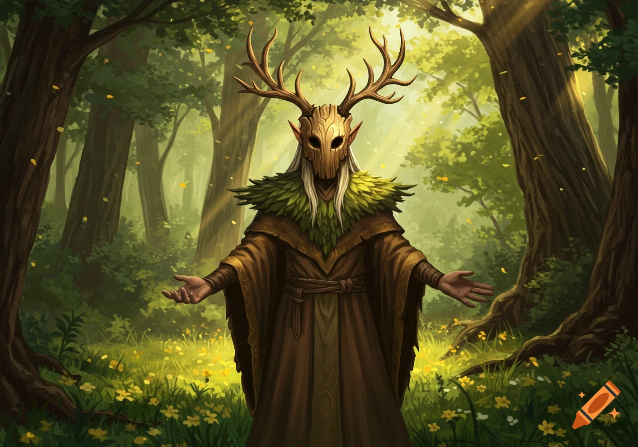 An elven druid with a wooden mask and elk antlers, wearing a brown robe and leaf collar, stands in a vibrant, sunlit forest.