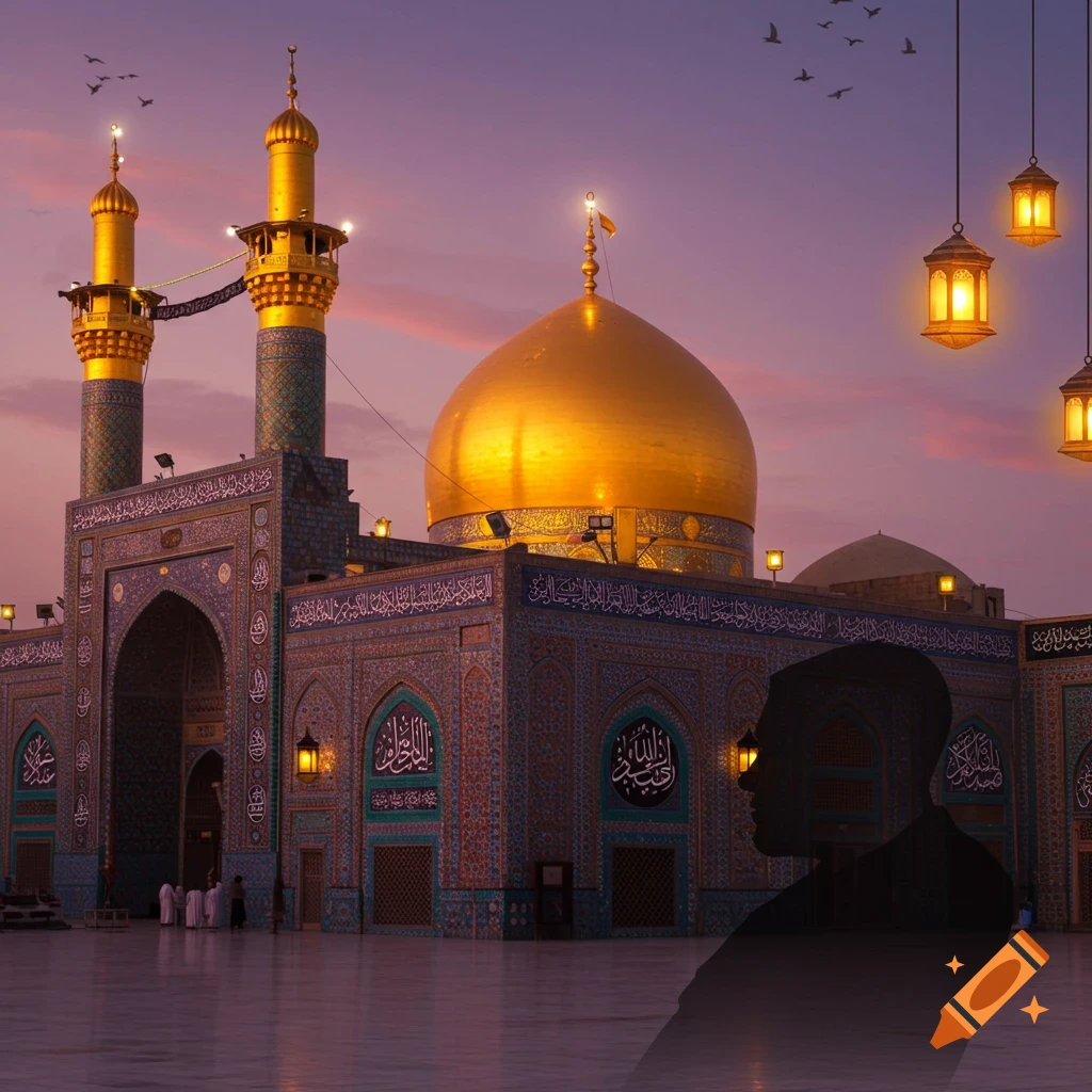 Photorealistic image of a beautiful mosque with a golden dome and minarets at sunset, with a dark silhouette of a man in the foreground.