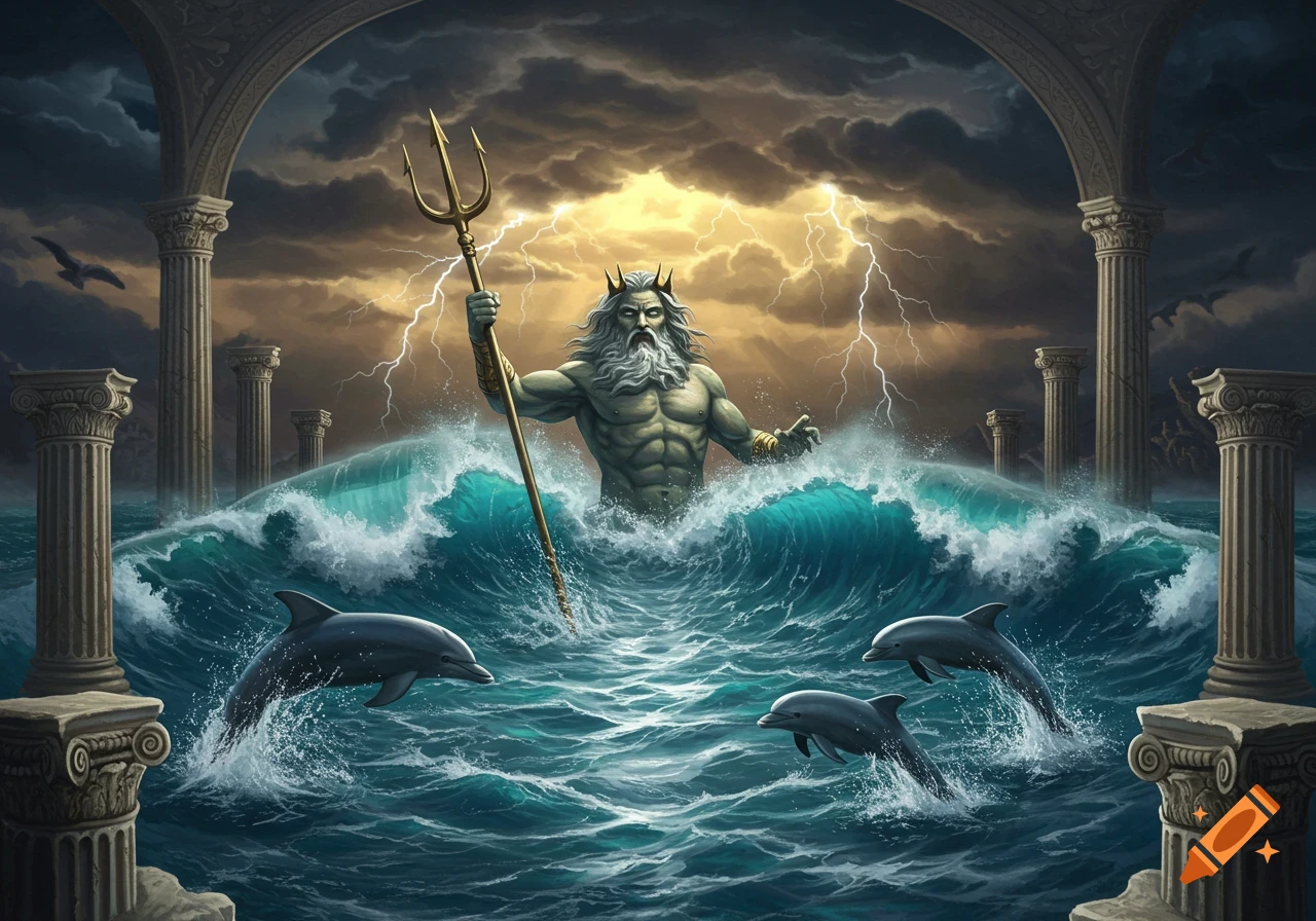 Poseidon rises from turbulent seas with a trident, surrounded by dolphins and ancient columns under a stormy, lightning-filled sky.