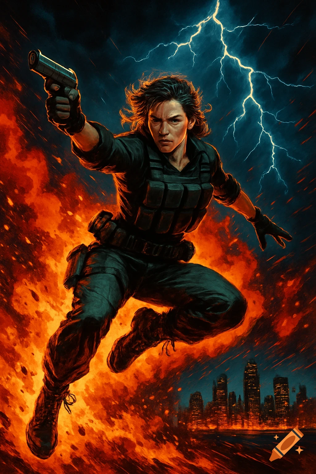 Dynamic action movie poster art of a female hero leaping with a pistol, surrounded by fire, with lightning and a city skyline.
