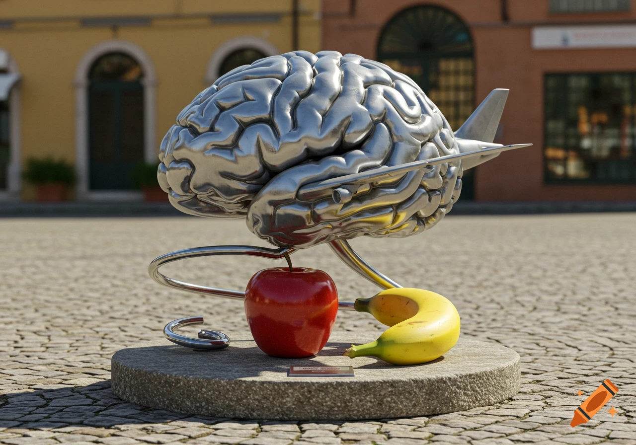 Metallic brain sculpture with an airplane, a red apple, and a yellow banana on a stone base in an Italian piazza.