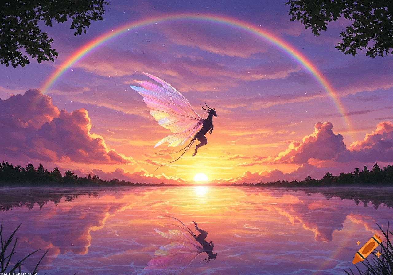 A winged mythical creature soars above a reflective lake at sunset, under a vibrant rainbow. Digital art.