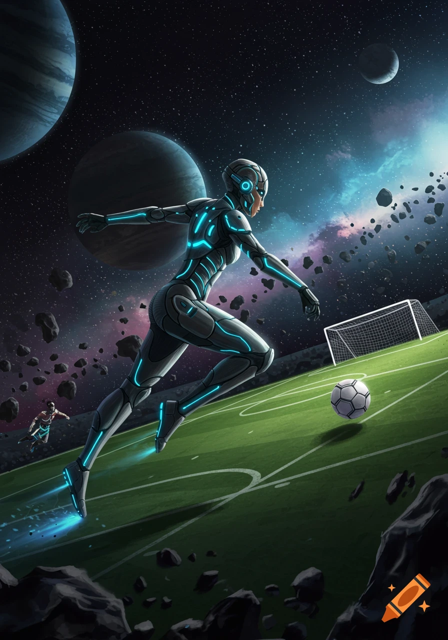 Digital illustration of a futuristic person in a glowing suit playing soccer on a green field in space, with planets and asteroids.