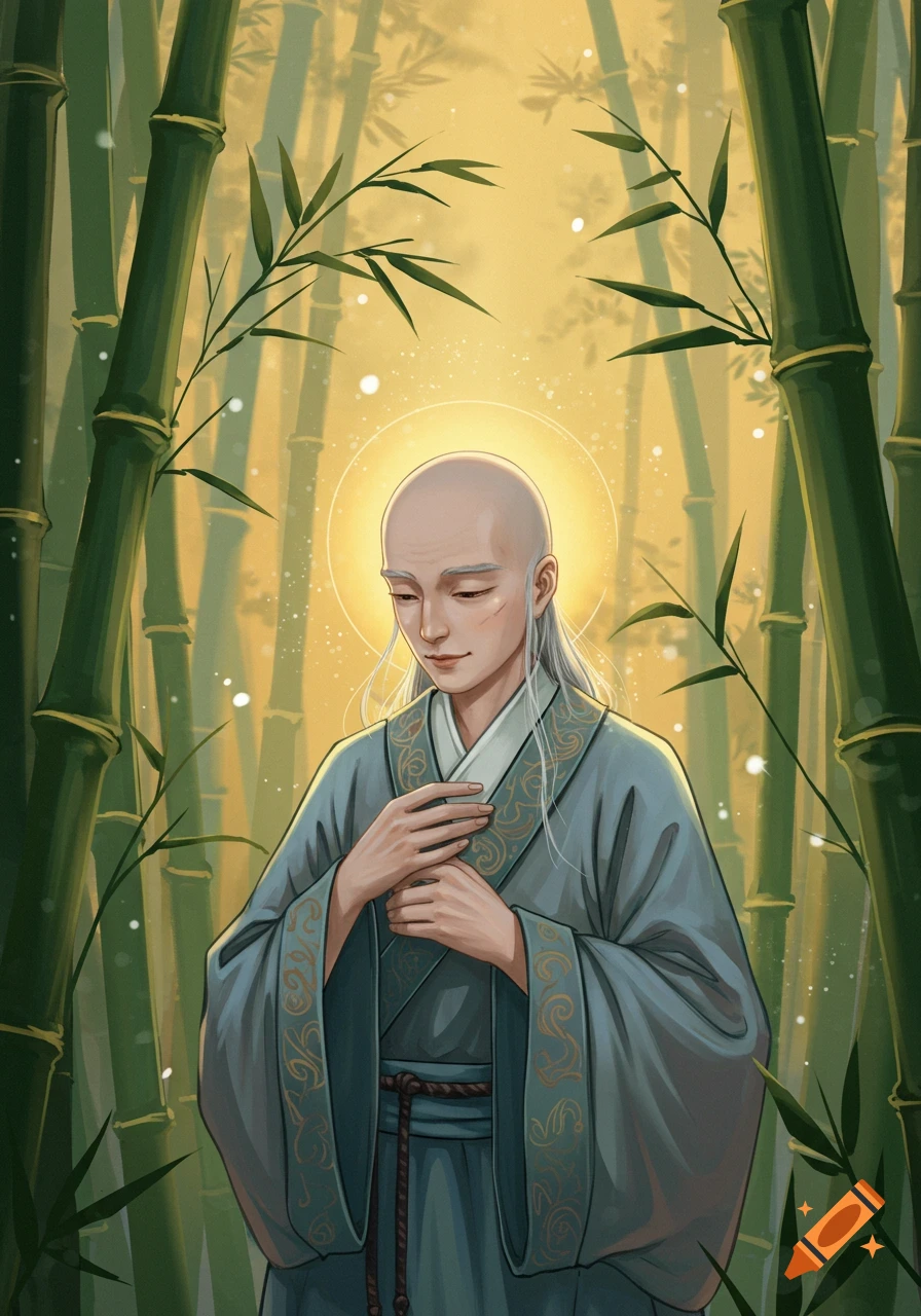 An illustration of a bald mystic with long white hair, hands clasped, standing among bamboo stalks with a golden halo.
